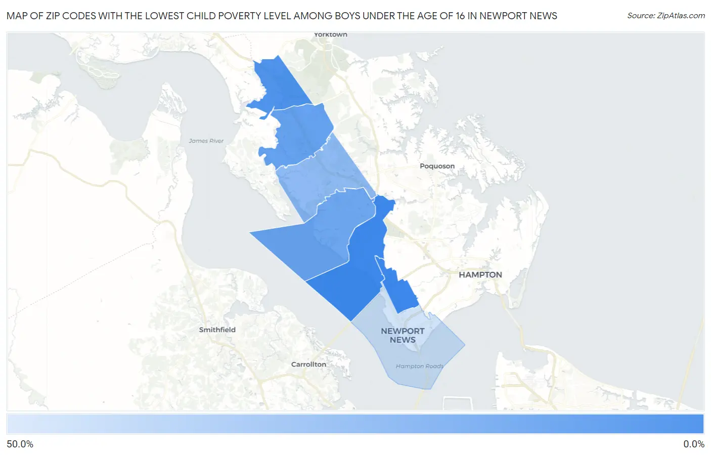 Zip Codes with the Lowest Child Poverty Level Among Boys Under the Age of 16 in Newport News Map