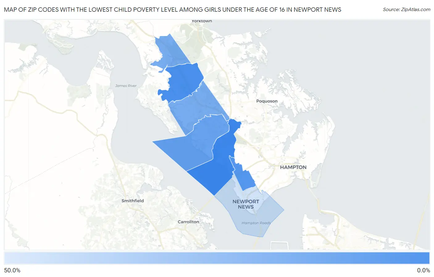 Zip Codes with the Lowest Child Poverty Level Among Girls Under the Age of 16 in Newport News Map