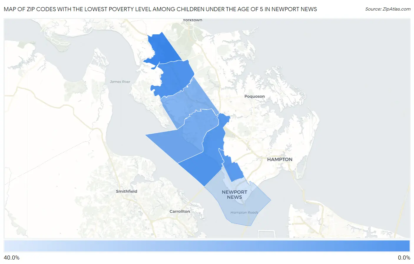 Zip Codes with the Lowest Poverty Level Among Children Under the Age of 5 in Newport News Map
