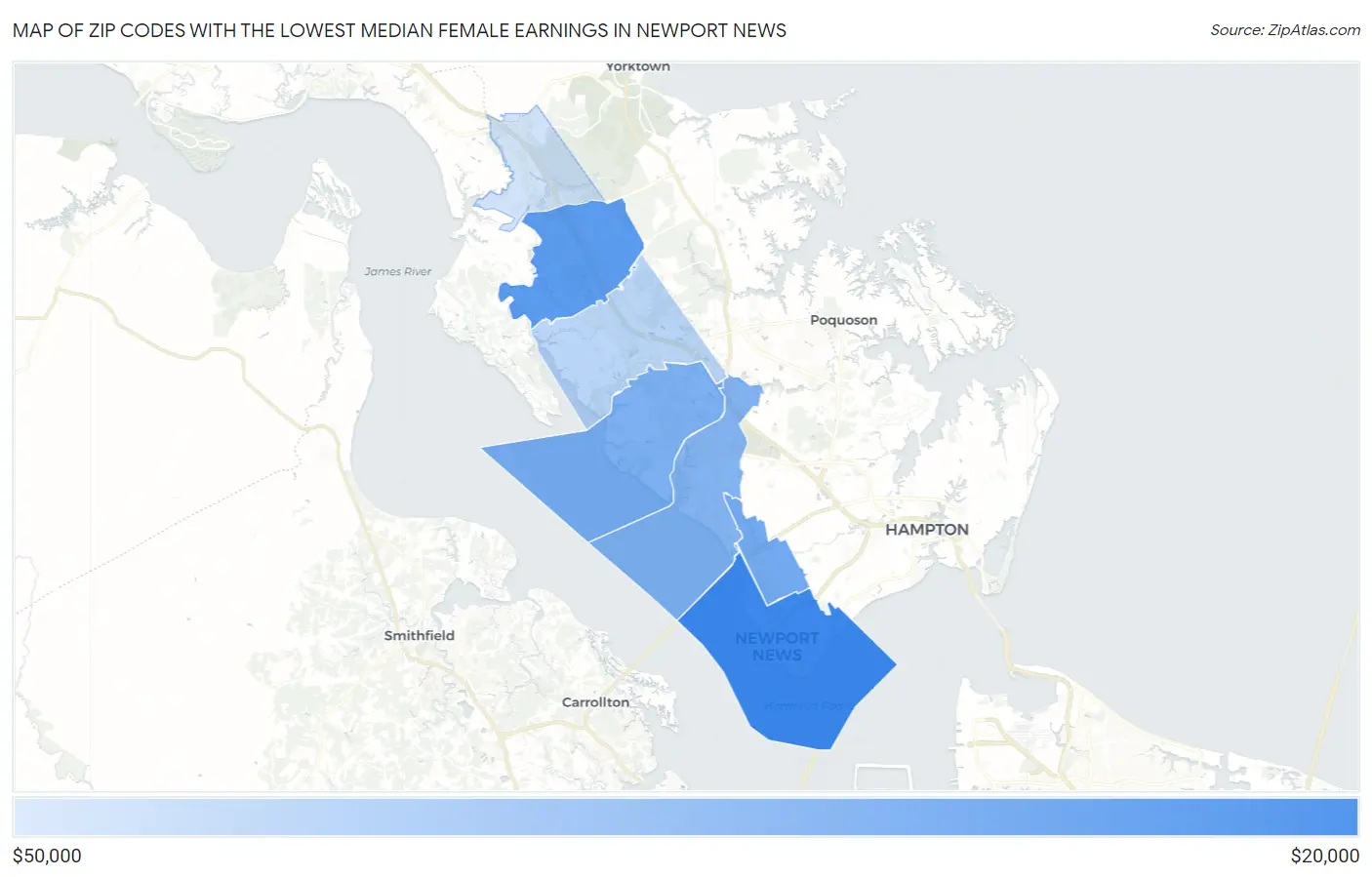 Zip Codes with the Lowest Median Female Earnings in Newport News Map