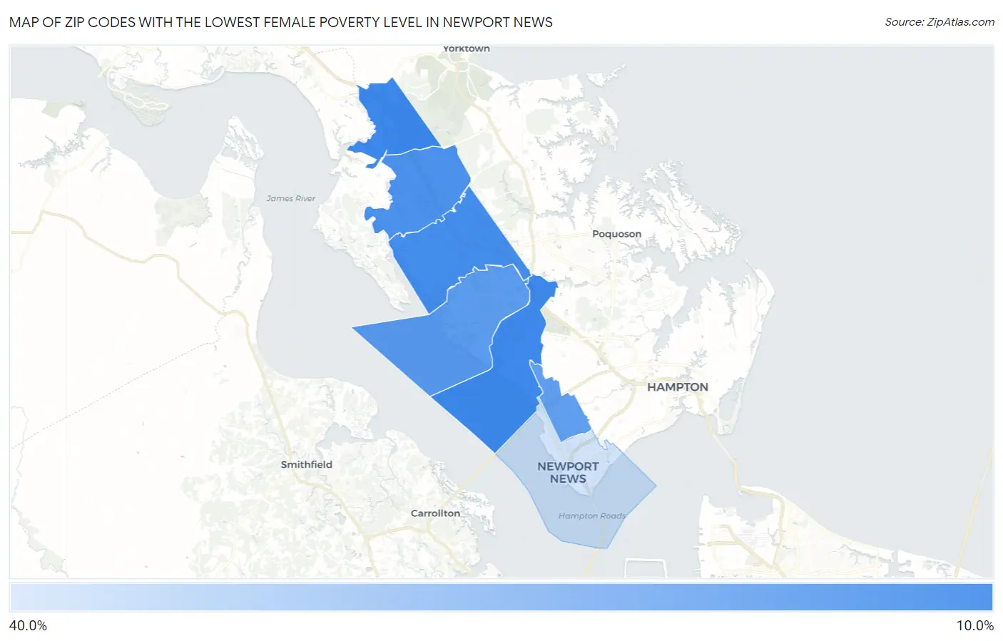 Zip Codes with the Lowest Female Poverty Level in Newport News Map