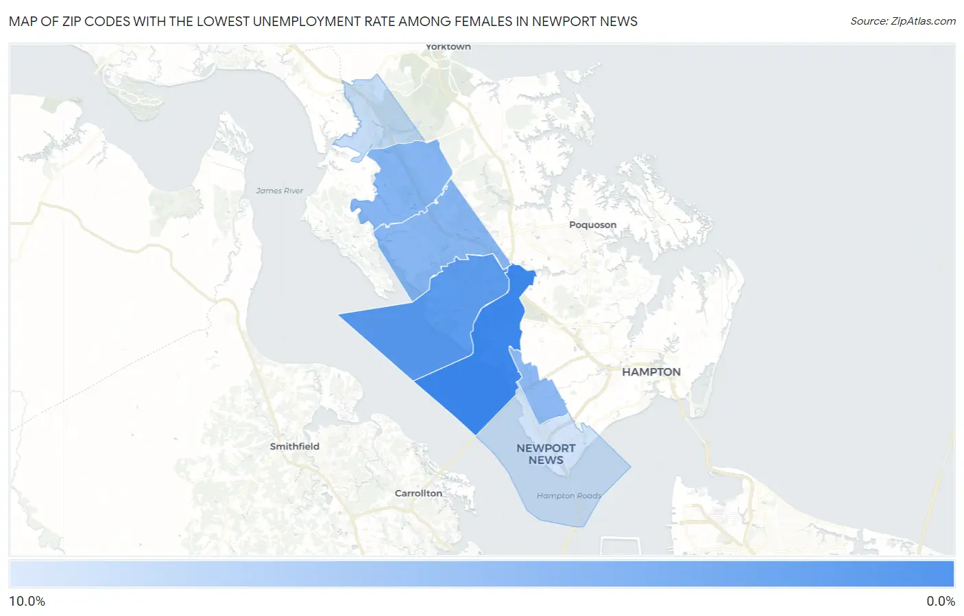 Zip Codes with the Lowest Unemployment Rate Among Females in Newport News Map