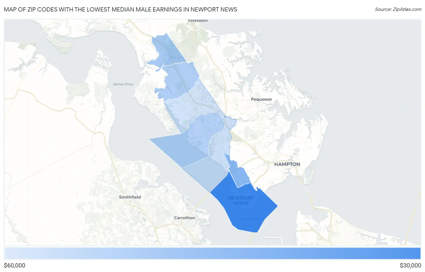 Zip Codes with the Lowest Median Male Earnings in Newport News Map