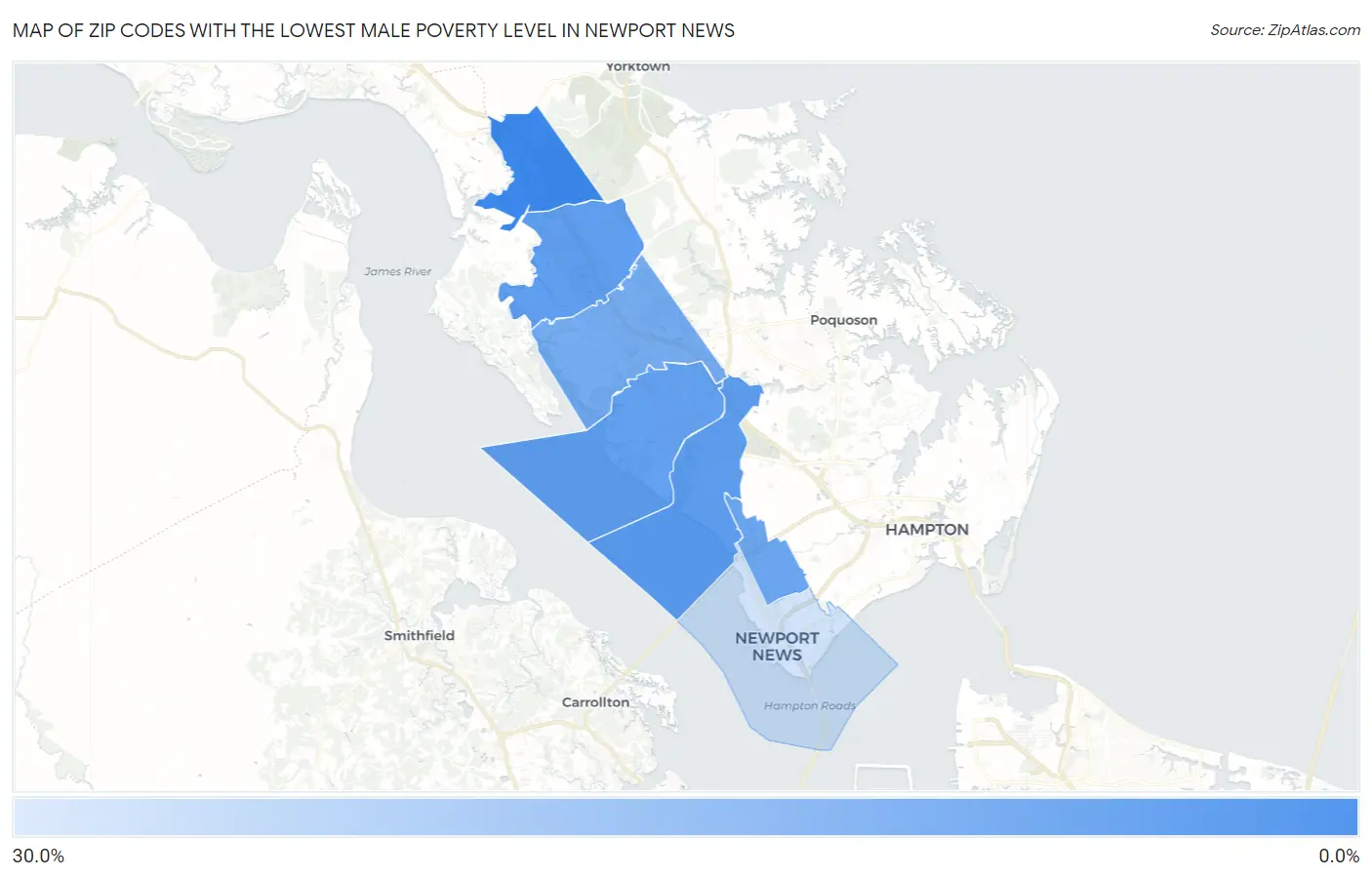 Zip Codes with the Lowest Male Poverty Level in Newport News Map