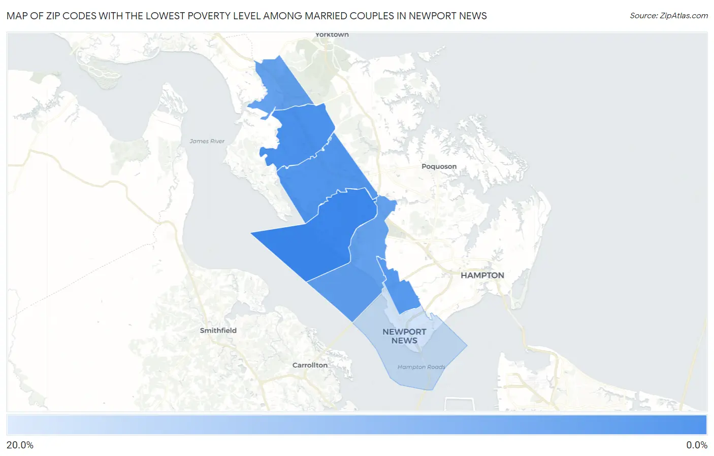 Zip Codes with the Lowest Poverty Level Among Married Couples in Newport News Map