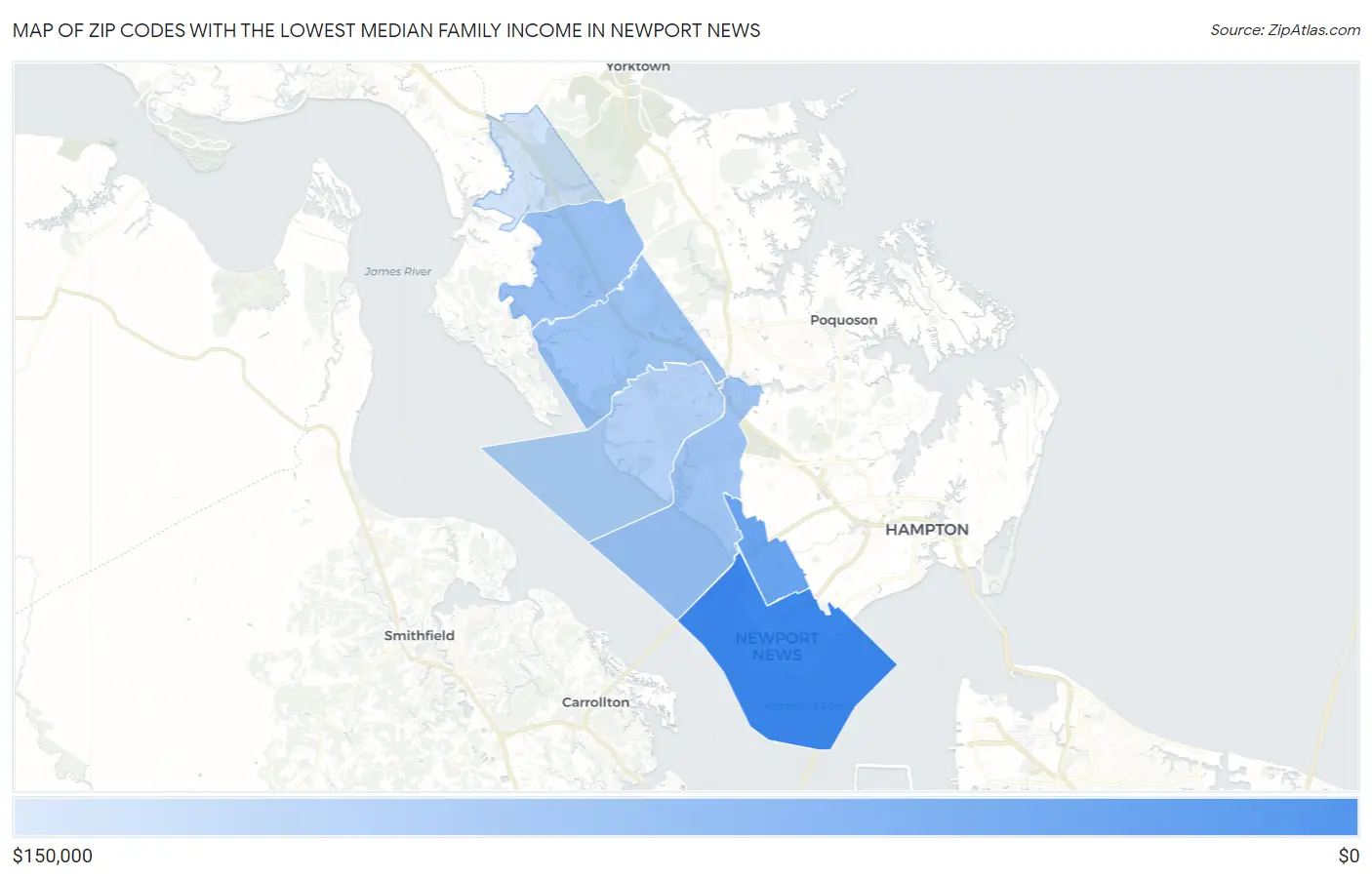 Zip Codes with the Lowest Median Family Income in Newport News Map