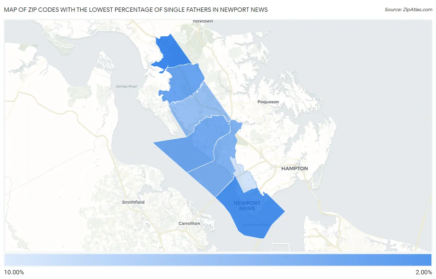 Zip Codes with the Lowest Percentage of Single Fathers in Newport News Map