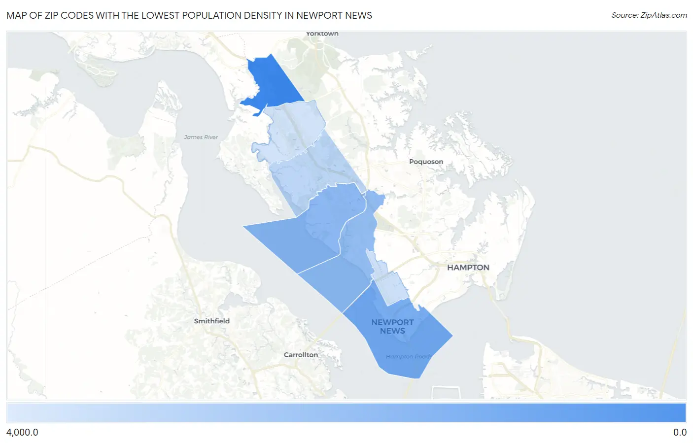 Zip Codes with the Lowest Population Density in Newport News Map
