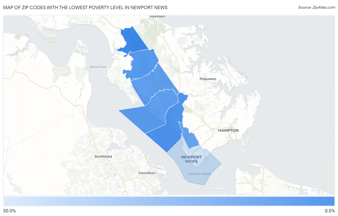 Zip Codes with the Lowest Poverty Level in Newport News Map