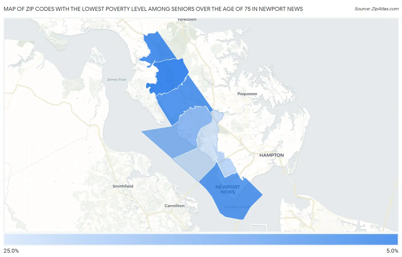 Zip Codes with the Lowest Poverty Level Among Seniors Over the Age of 75 in Newport News Map