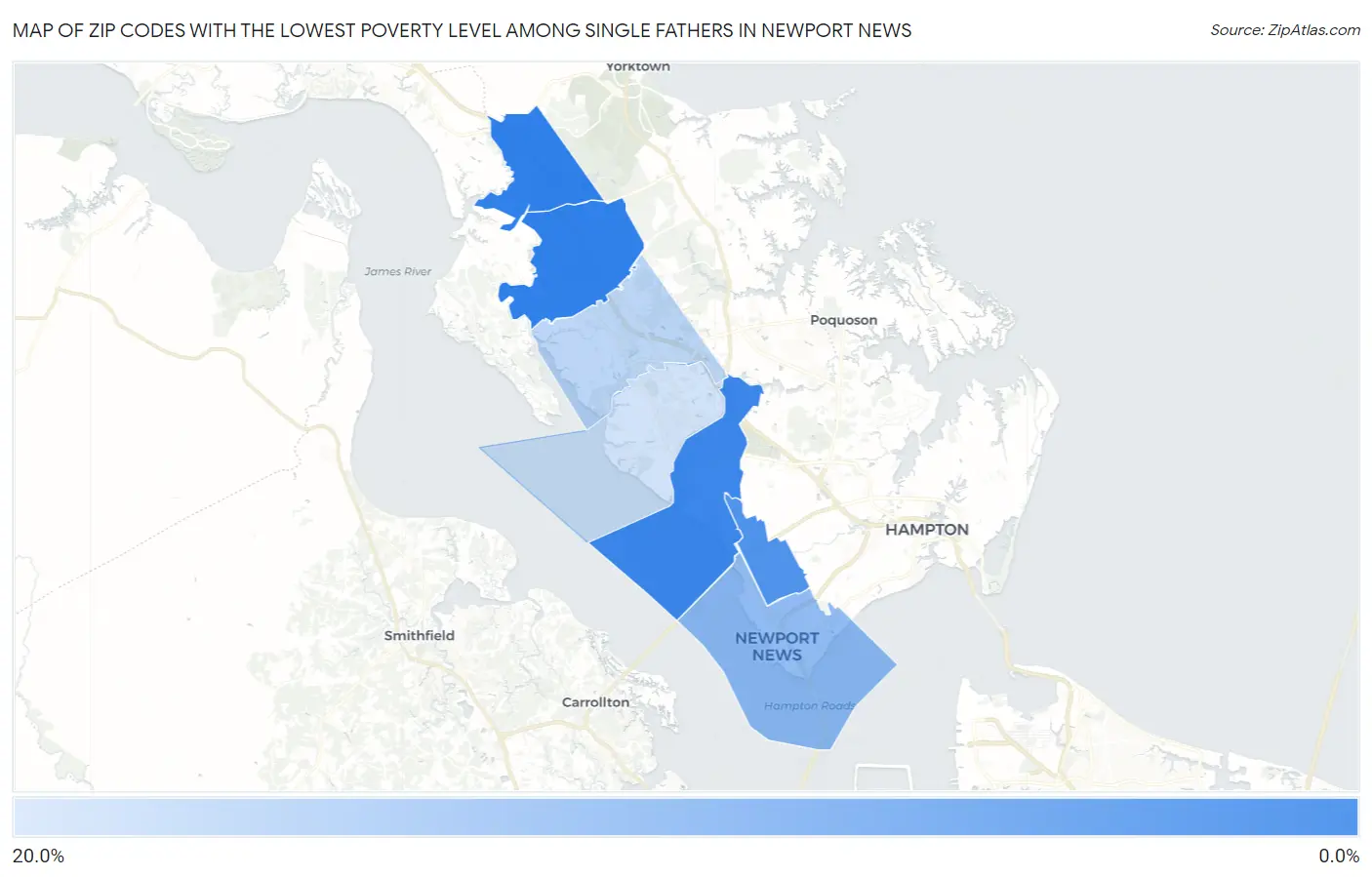 Zip Codes with the Lowest Poverty Level Among Single Fathers in Newport News Map