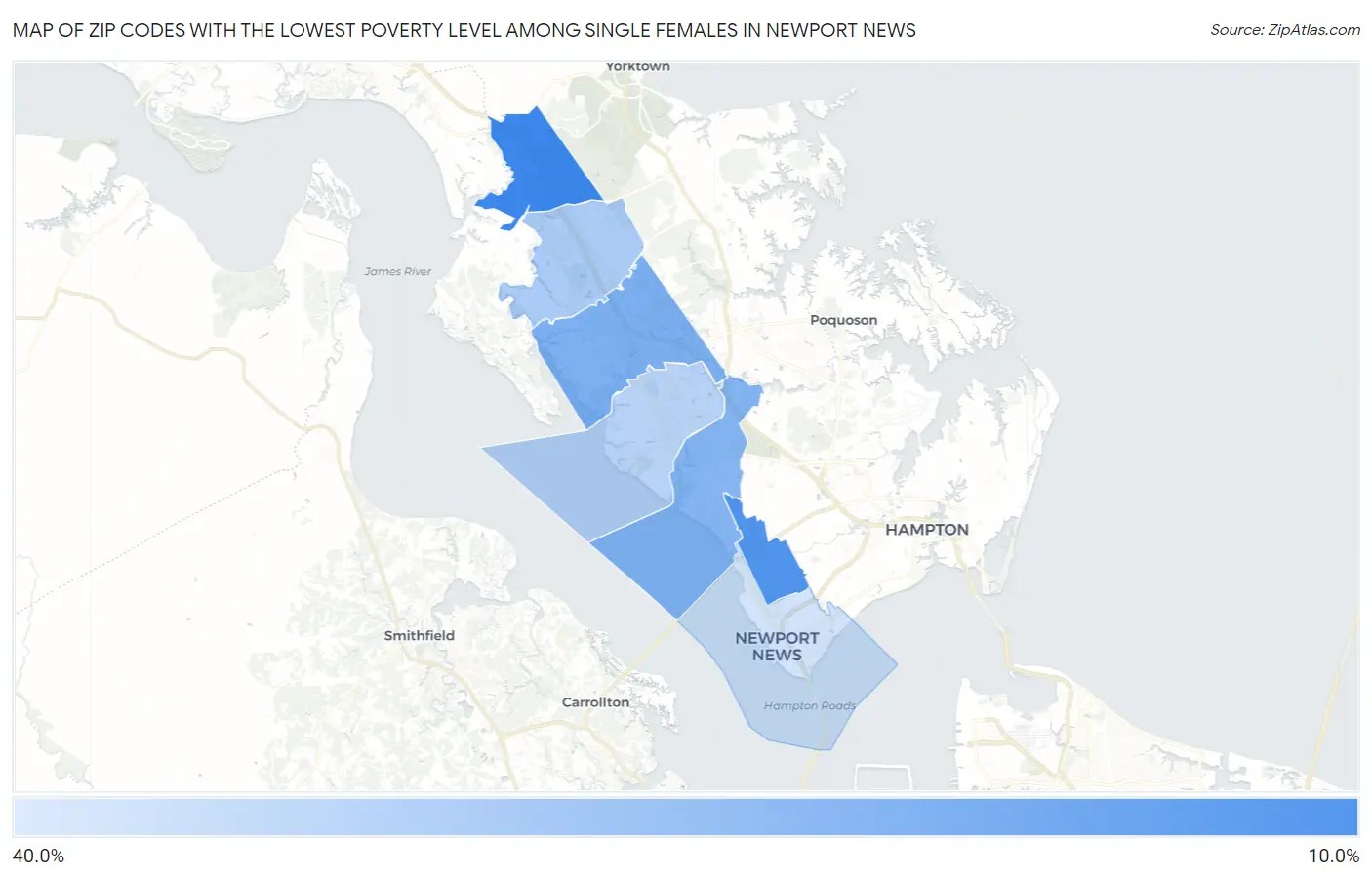 Zip Codes with the Lowest Poverty Level Among Single Females in Newport News Map