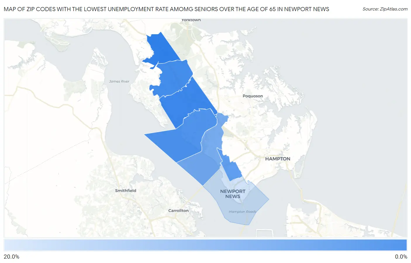 Zip Codes with the Lowest Unemployment Rate Amomg Seniors Over the Age of 65 in Newport News Map
