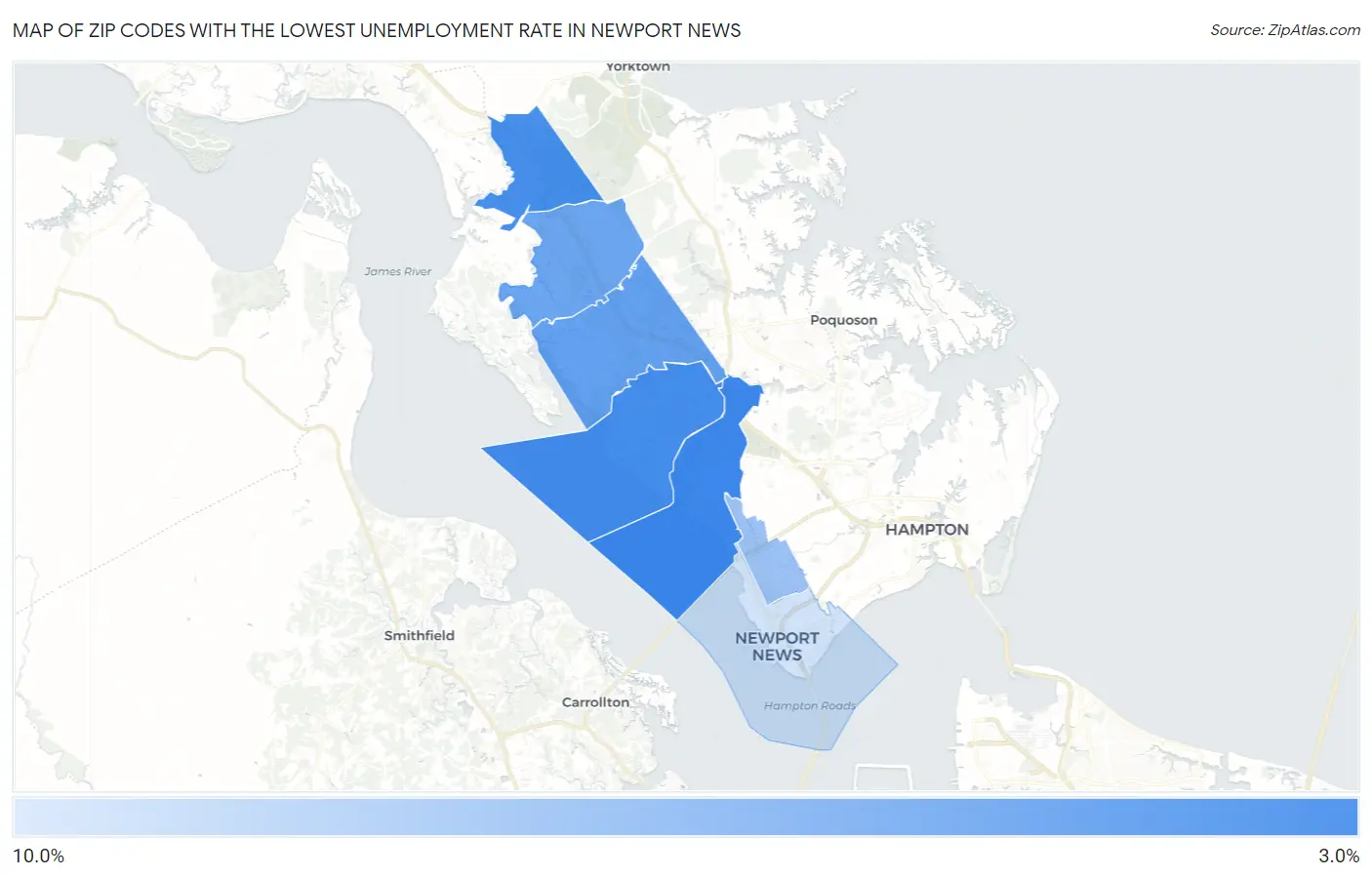 Zip Codes with the Lowest Unemployment Rate in Newport News Map