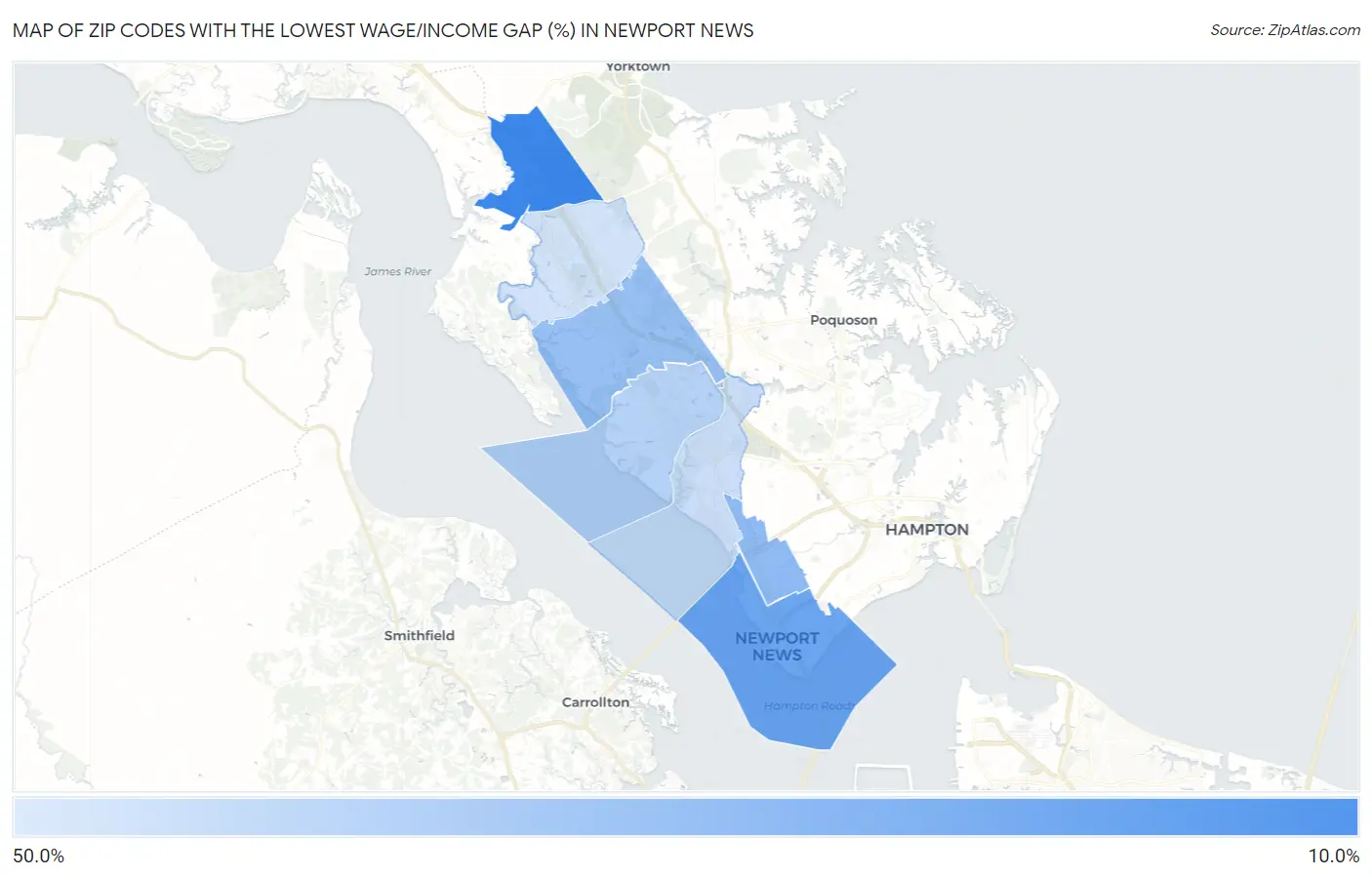 Zip Codes with the Lowest Wage/Income Gap (%) in Newport News Map
