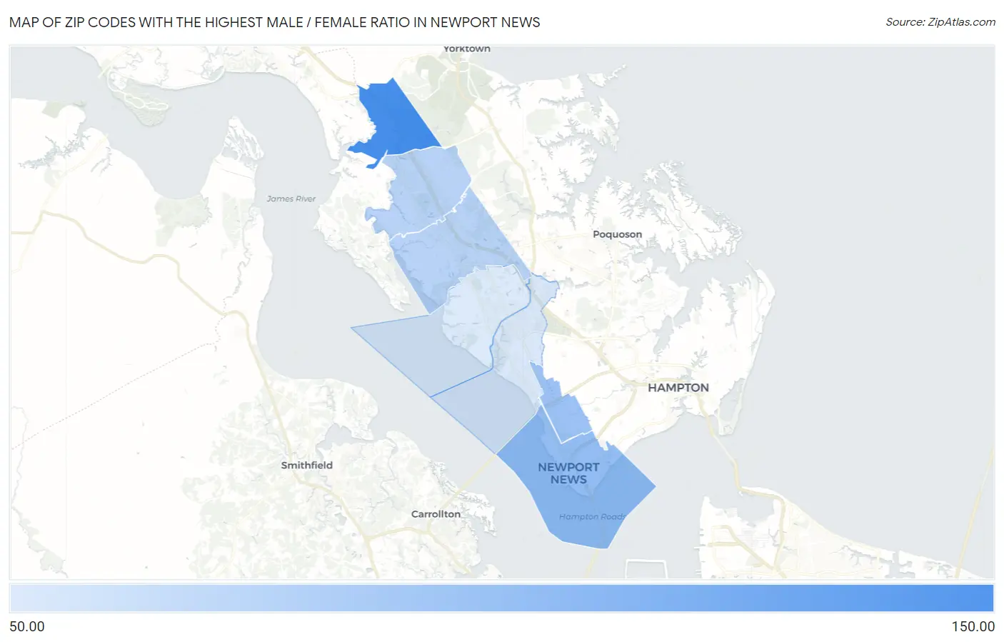 Zip Codes with the Highest Male / Female Ratio in Newport News Map