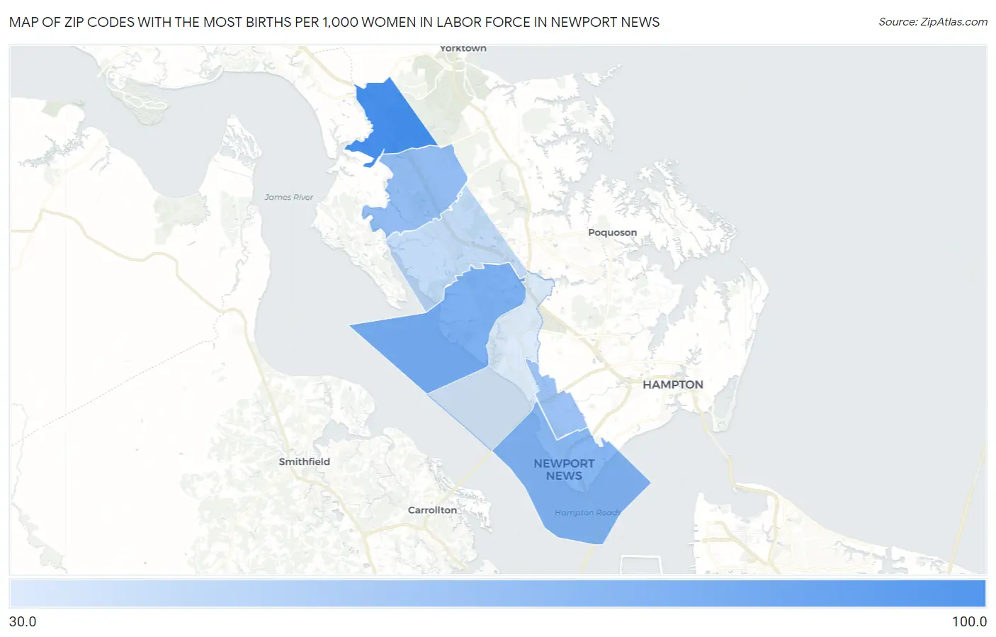 Zip Codes with the Most Births per 1,000 Women in Labor Force in Newport News Map