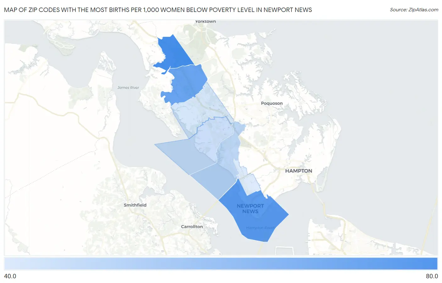 Zip Codes with the Most Births per 1,000 Women Below Poverty Level in Newport News Map
