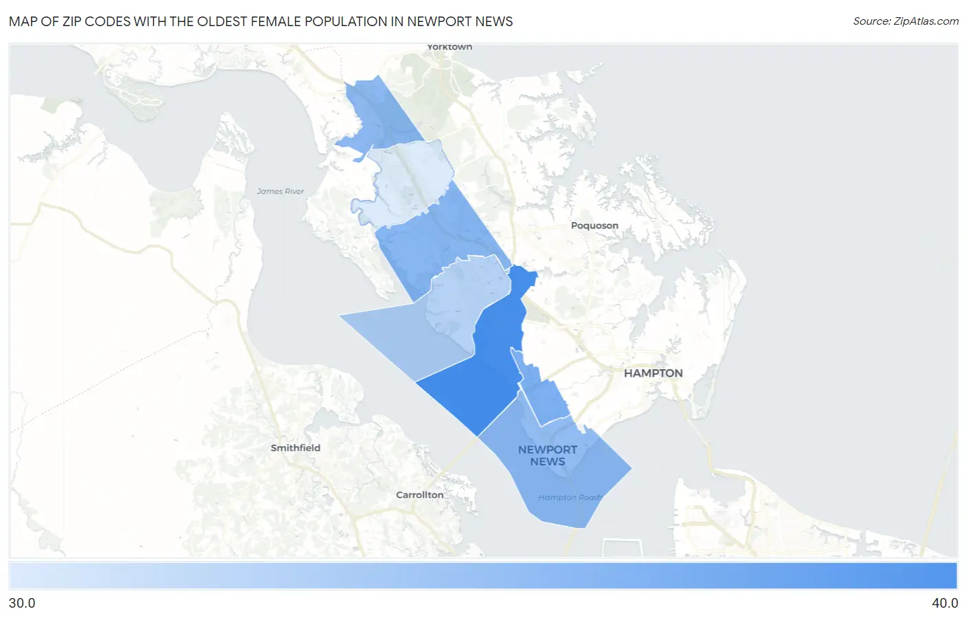 Zip Codes with the Oldest Female Population in Newport News Map