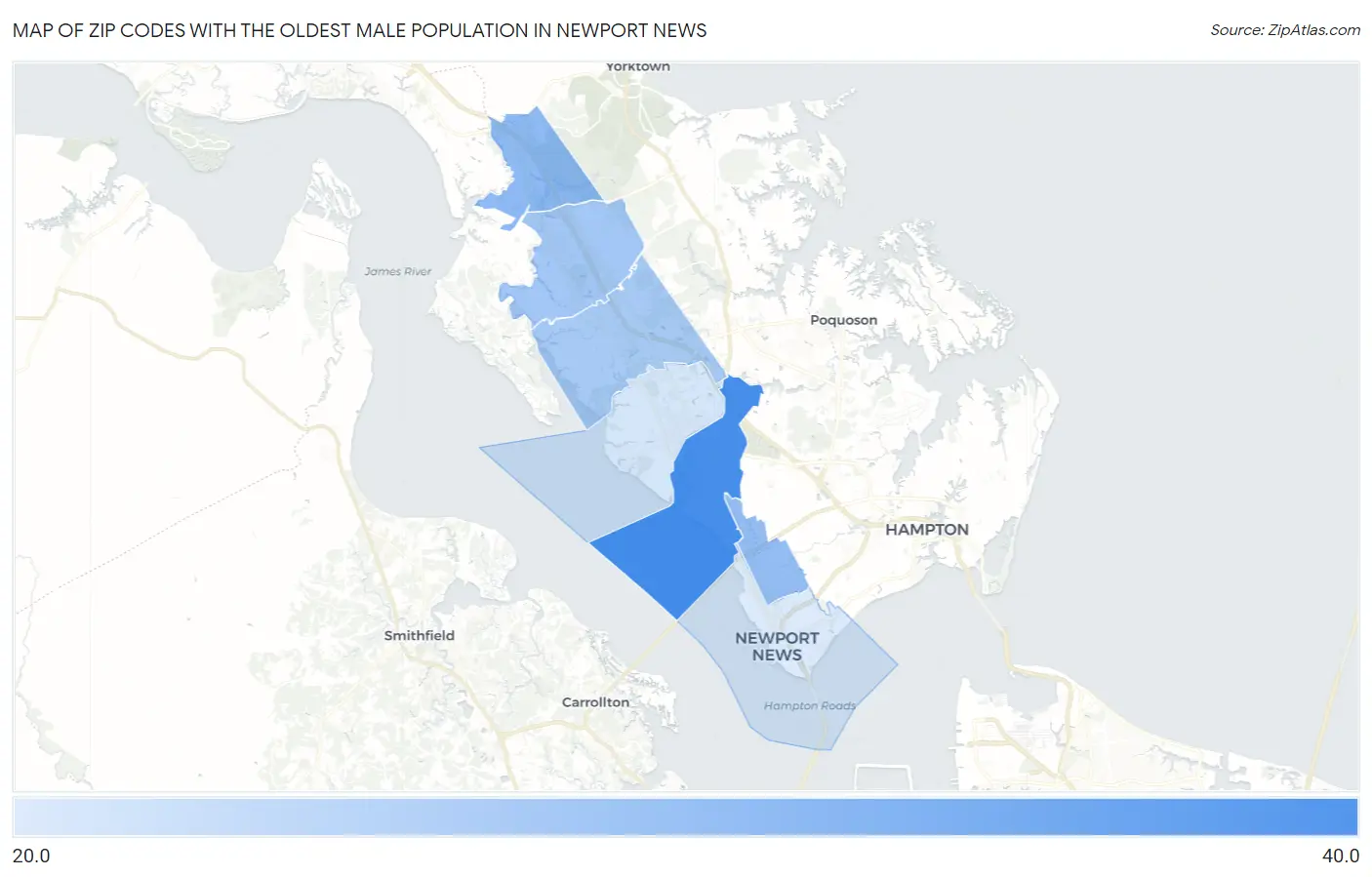 Zip Codes with the Oldest Male Population in Newport News Map