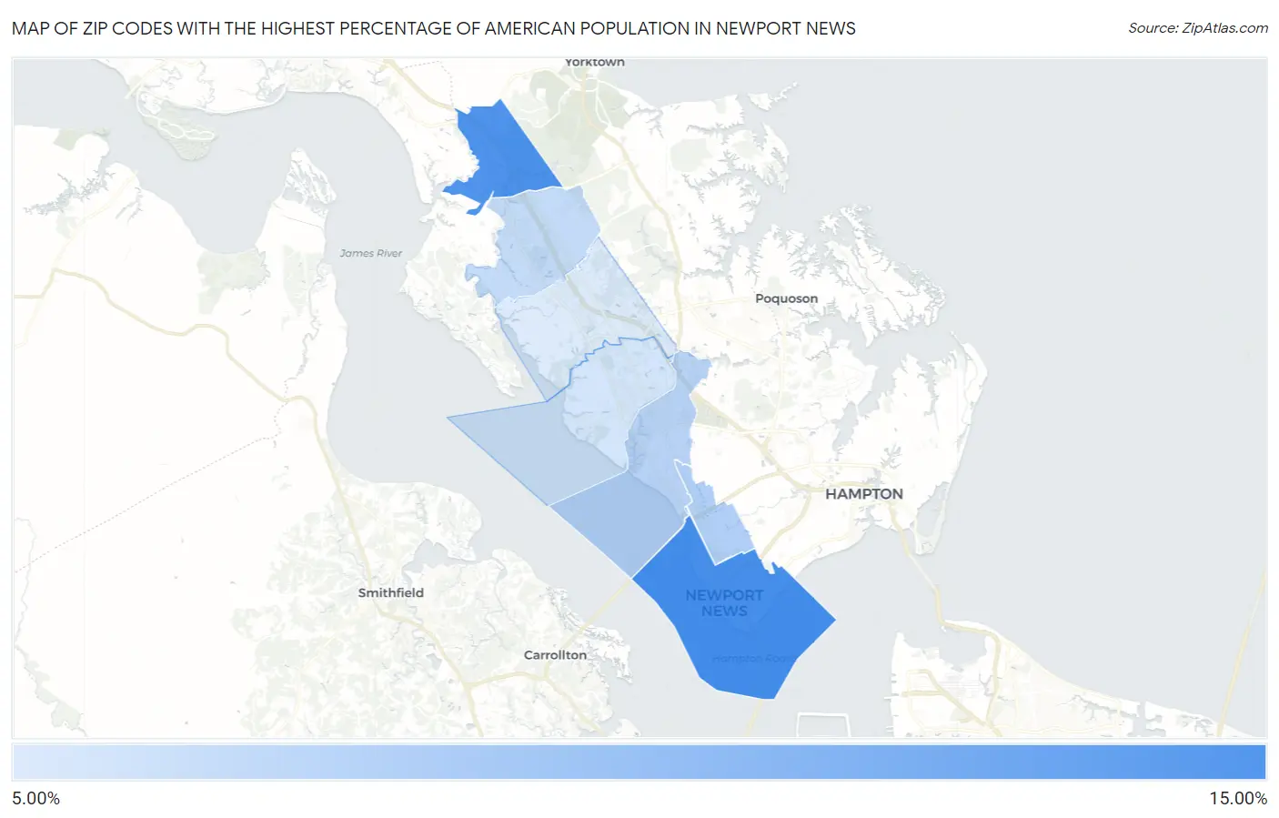 Zip Codes with the Highest Percentage of American Population in Newport News Map