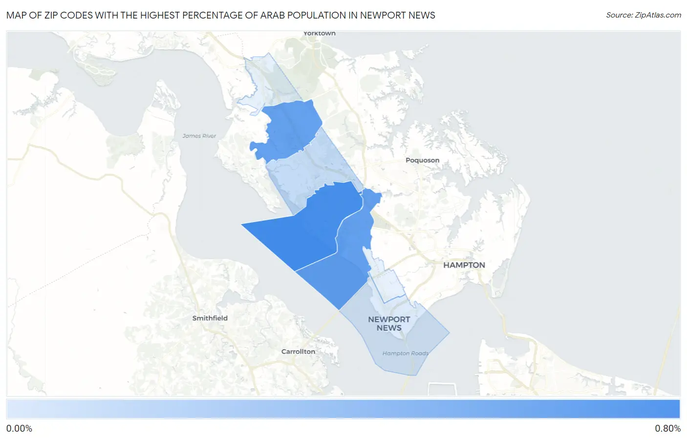 Zip Codes with the Highest Percentage of Arab Population in Newport News Map