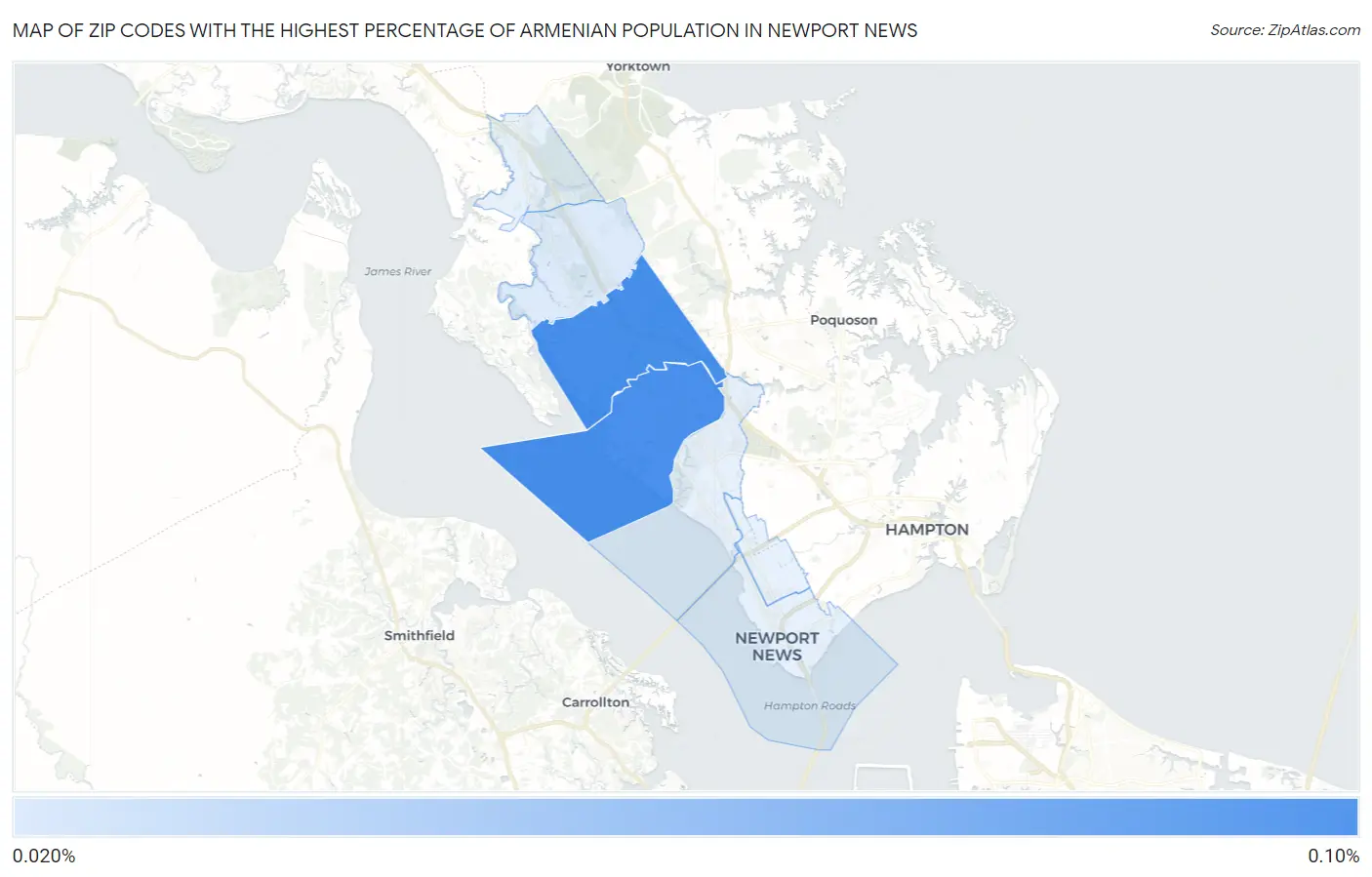 Zip Codes with the Highest Percentage of Armenian Population in Newport News Map