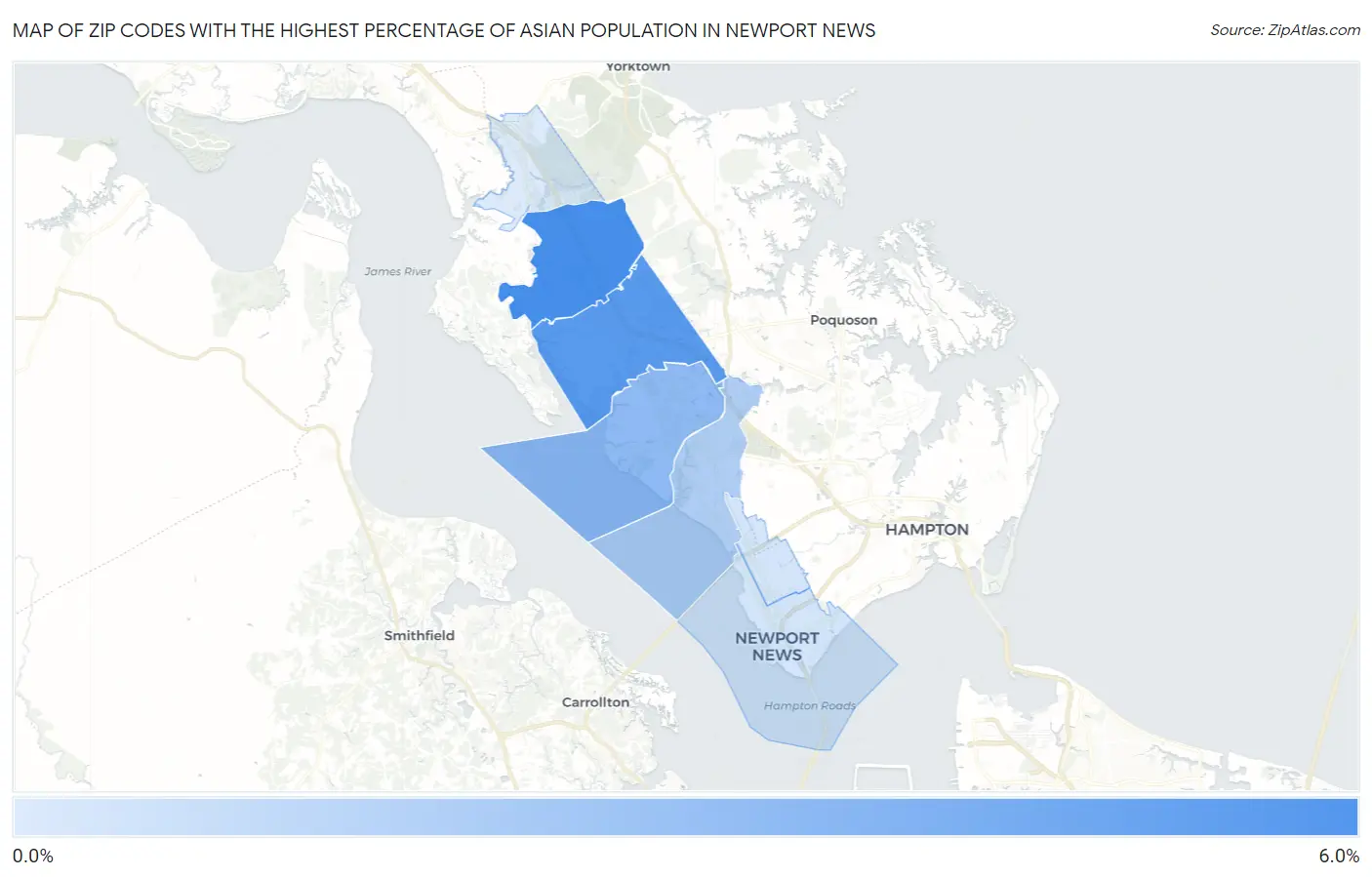 Zip Codes with the Highest Percentage of Asian Population in Newport News Map