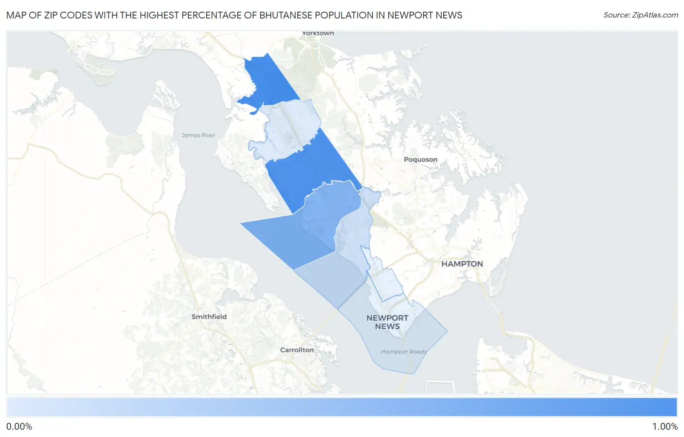 Zip Codes with the Highest Percentage of Bhutanese Population in Newport News Map