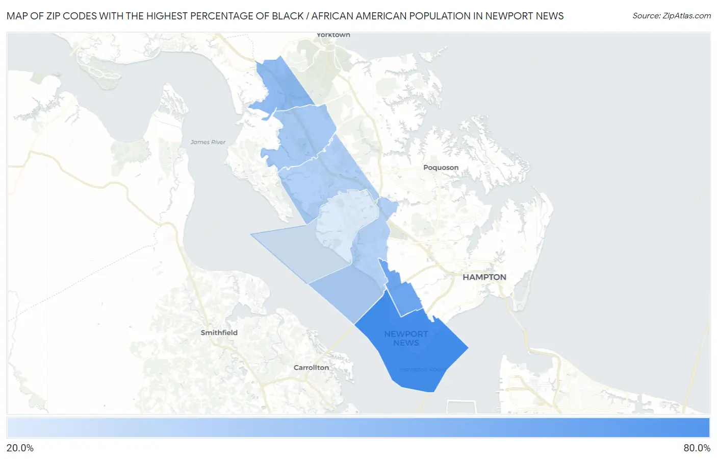 Zip Codes with the Highest Percentage of Black / African American Population in Newport News Map