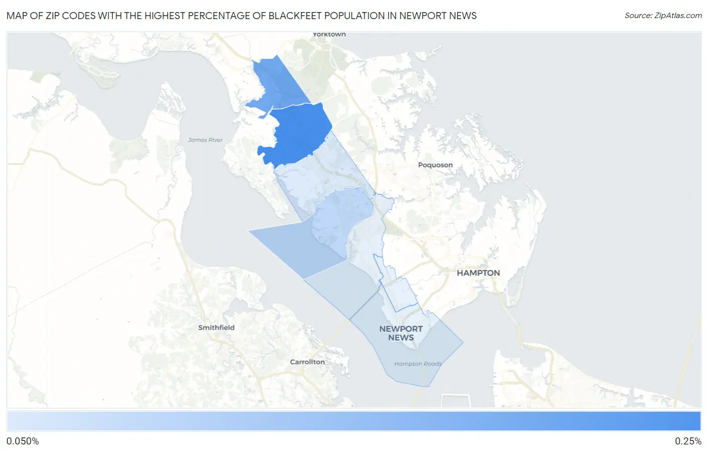 Zip Codes with the Highest Percentage of Blackfeet Population in Newport News Map