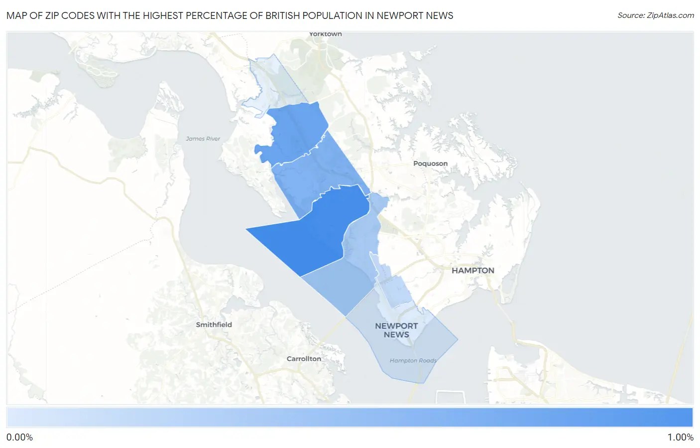 Zip Codes with the Highest Percentage of British Population in Newport News Map