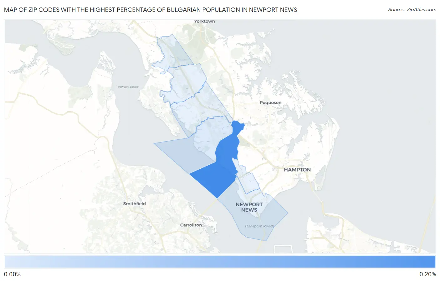 Zip Codes with the Highest Percentage of Bulgarian Population in Newport News Map