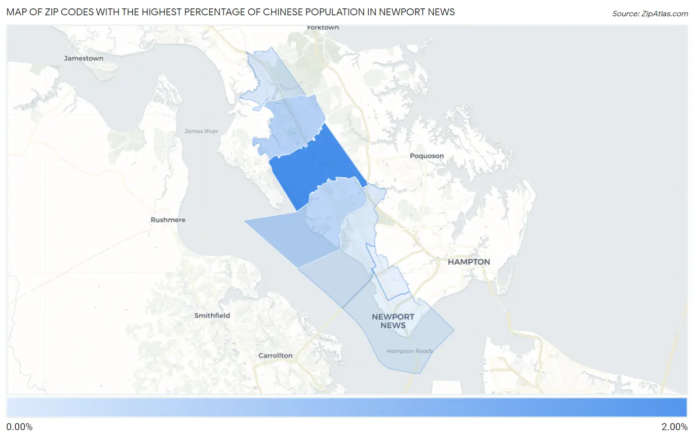 Zip Codes with the Highest Percentage of Chinese Population in Newport News Map