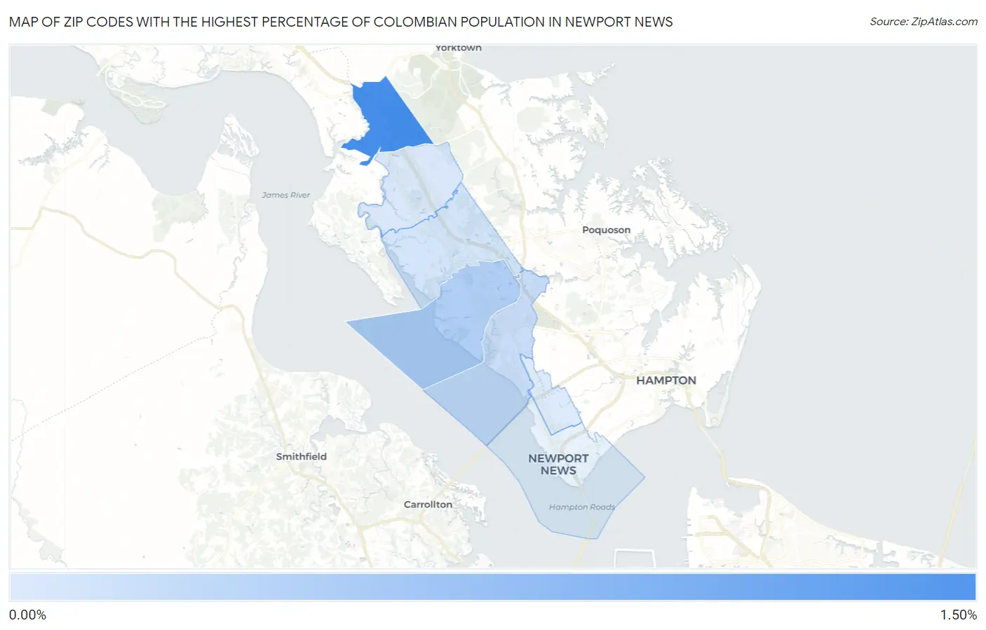 Zip Codes with the Highest Percentage of Colombian Population in Newport News Map
