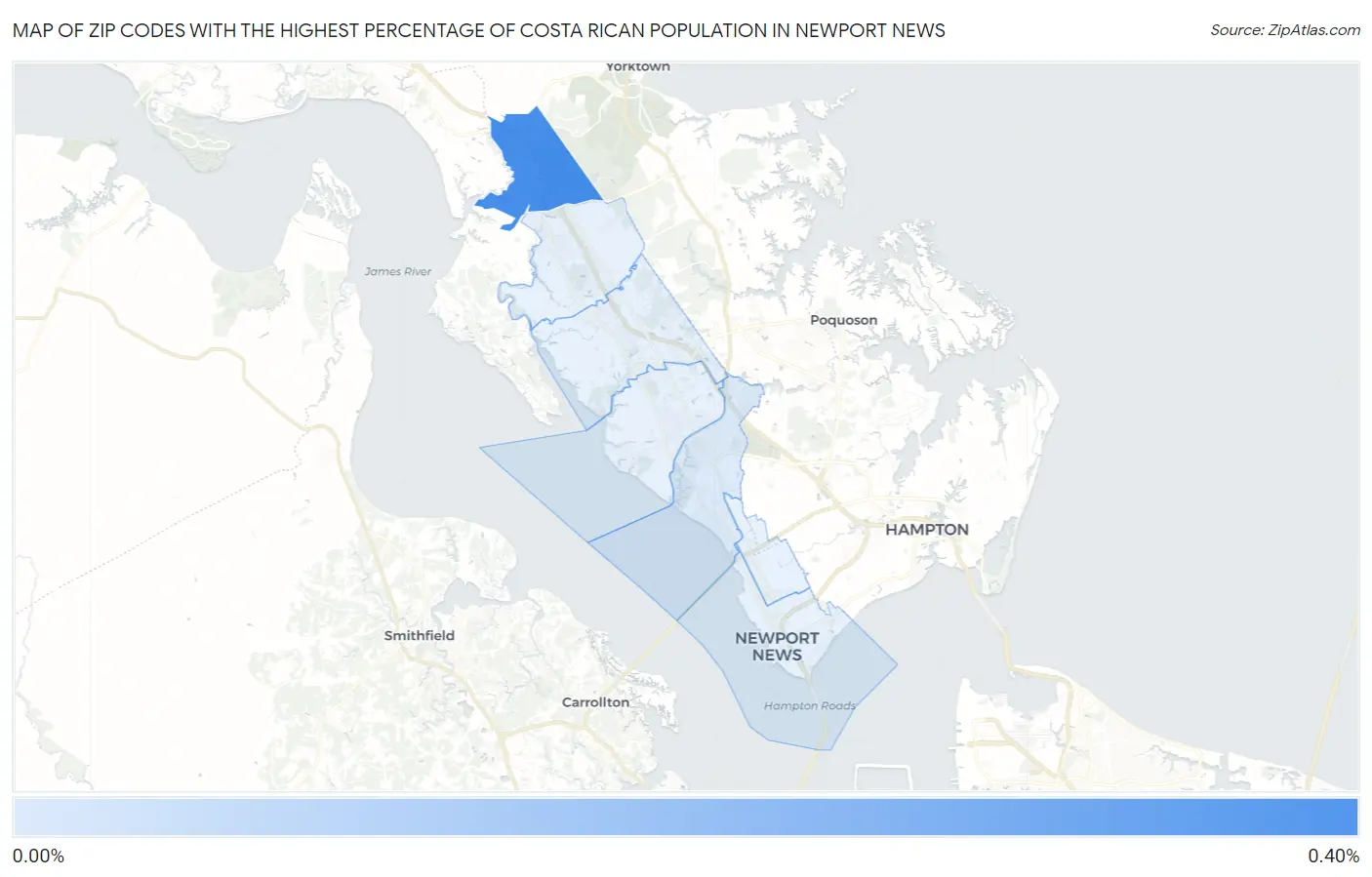 Zip Codes with the Highest Percentage of Costa Rican Population in Newport News Map