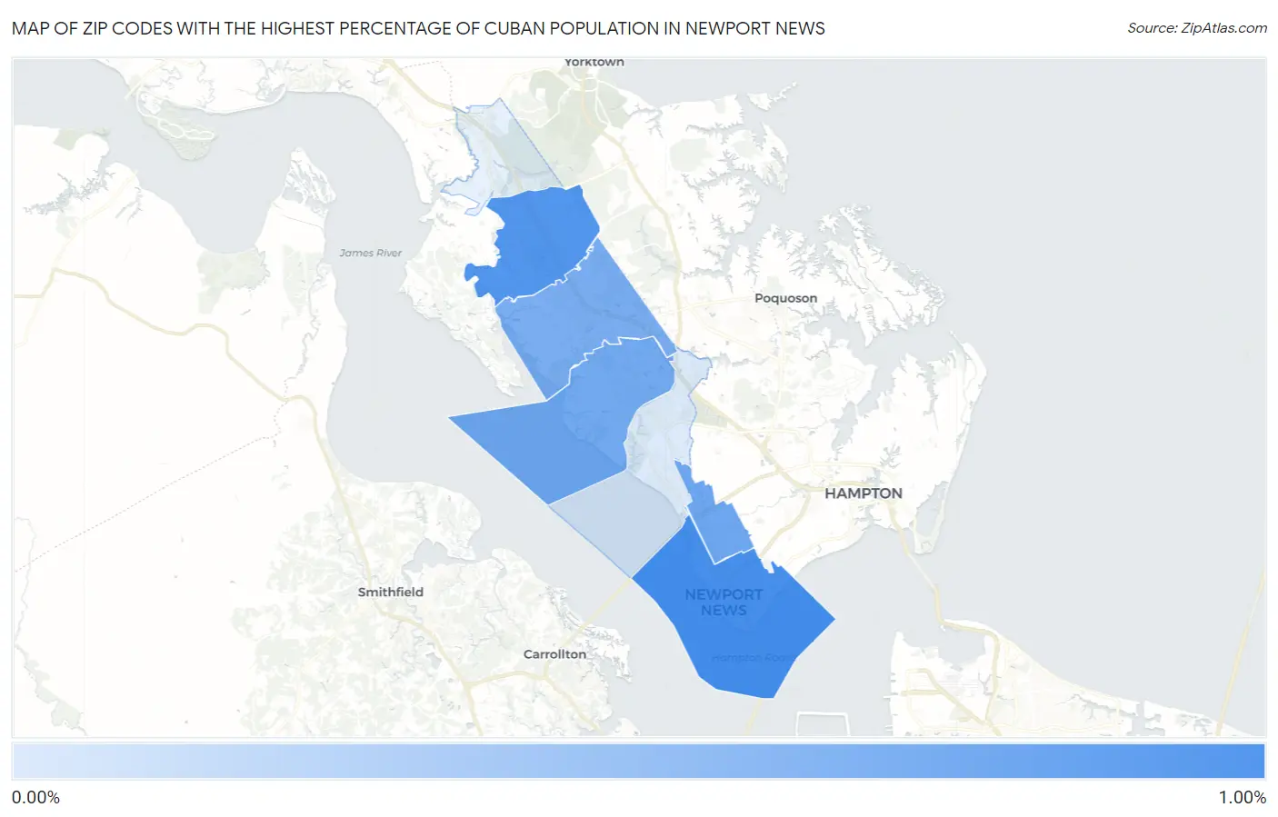 Zip Codes with the Highest Percentage of Cuban Population in Newport News Map