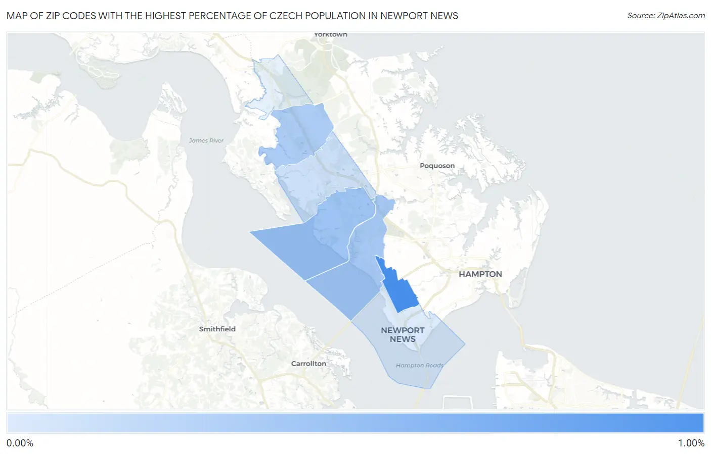 Zip Codes with the Highest Percentage of Czech Population in Newport News Map