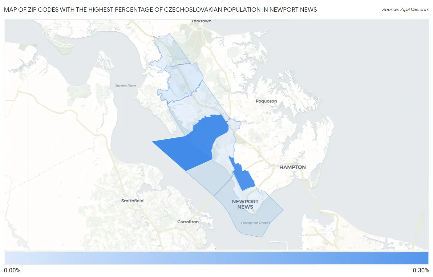 Zip Codes with the Highest Percentage of Czechoslovakian Population in Newport News Map