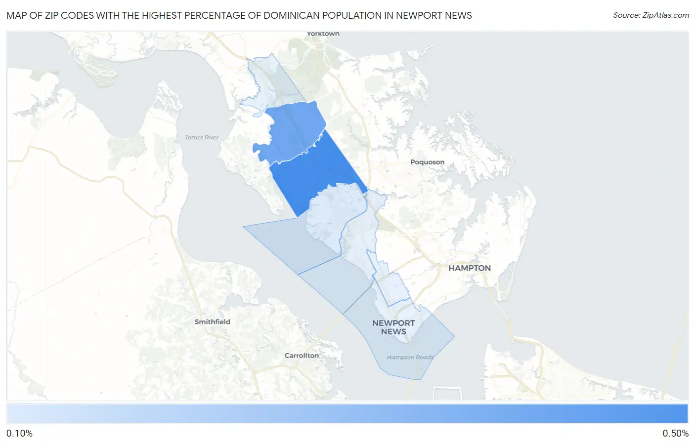 Zip Codes with the Highest Percentage of Dominican Population in Newport News Map