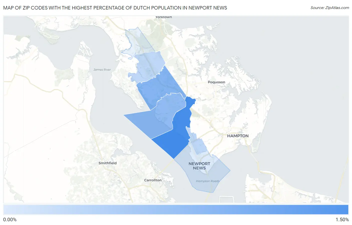 Zip Codes with the Highest Percentage of Dutch Population in Newport News Map