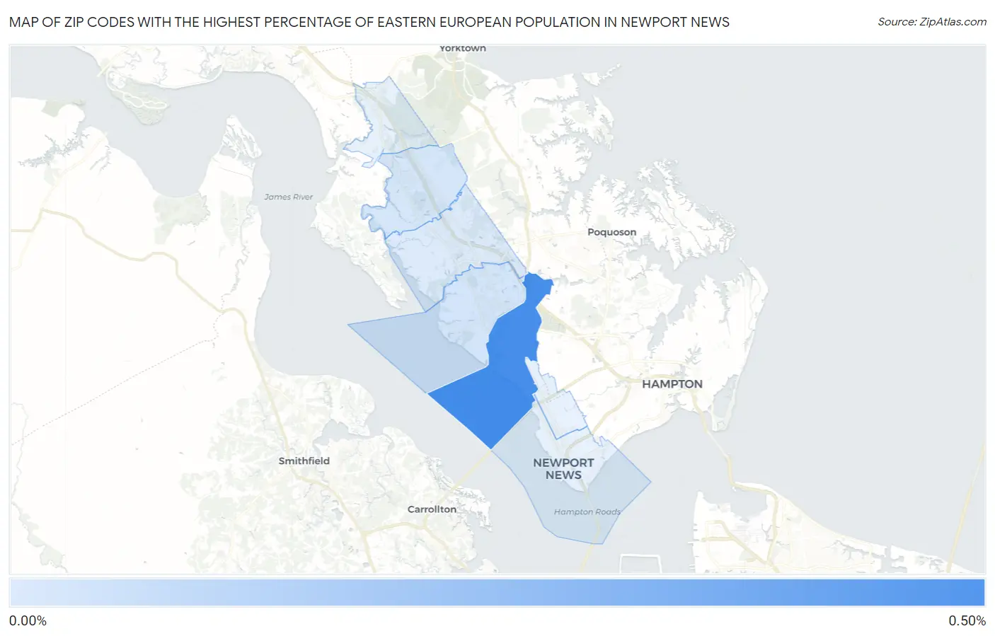 Zip Codes with the Highest Percentage of Eastern European Population in Newport News Map