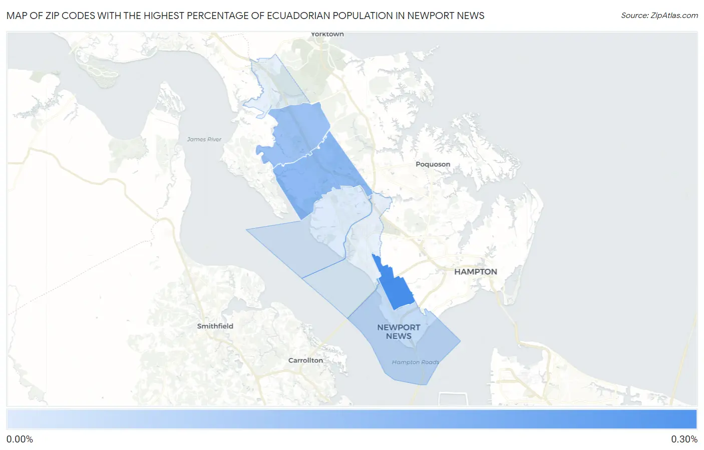 Zip Codes with the Highest Percentage of Ecuadorian Population in Newport News Map