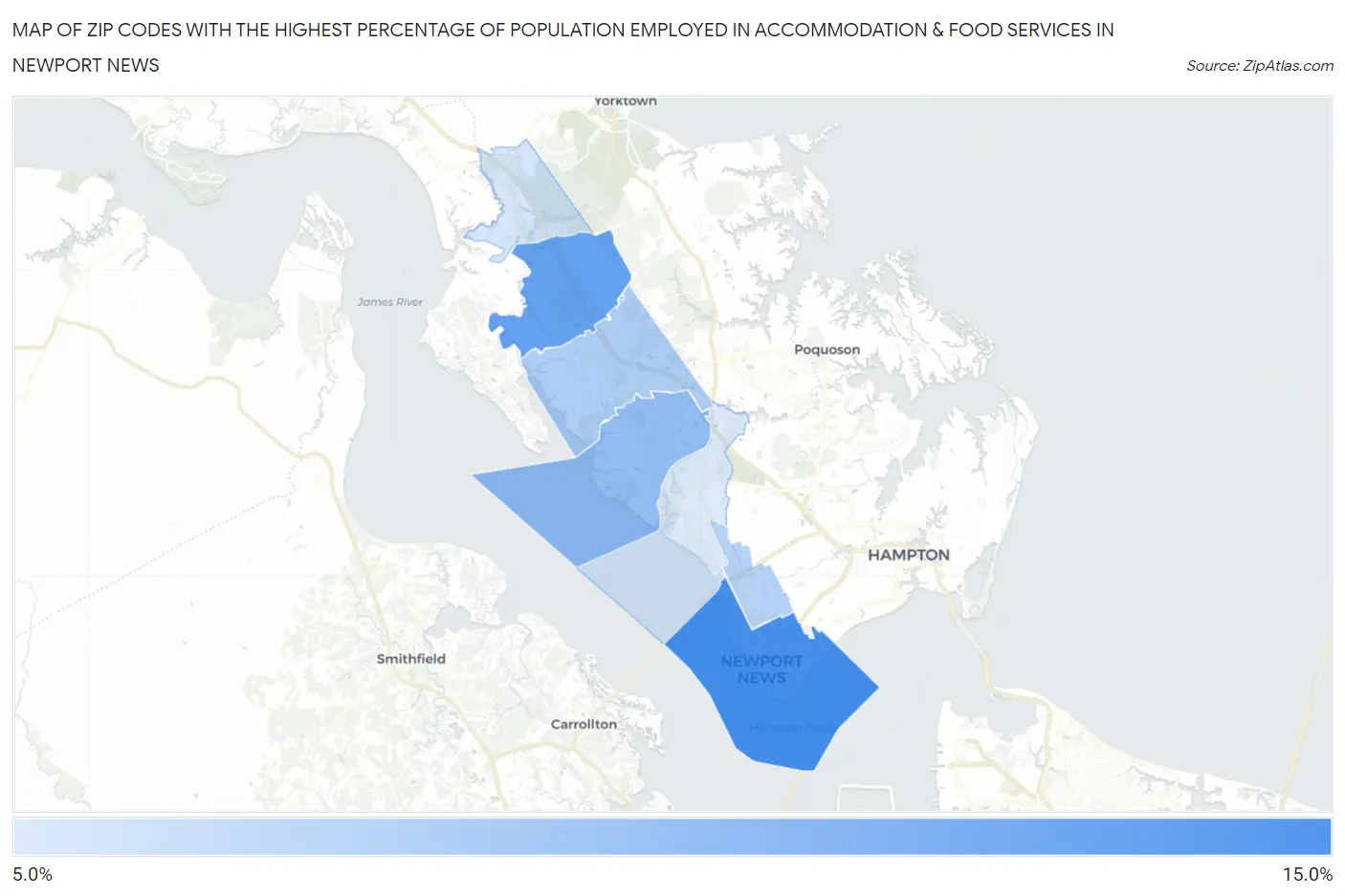 Zip Codes with the Highest Percentage of Population Employed in Accommodation & Food Services in Newport News Map