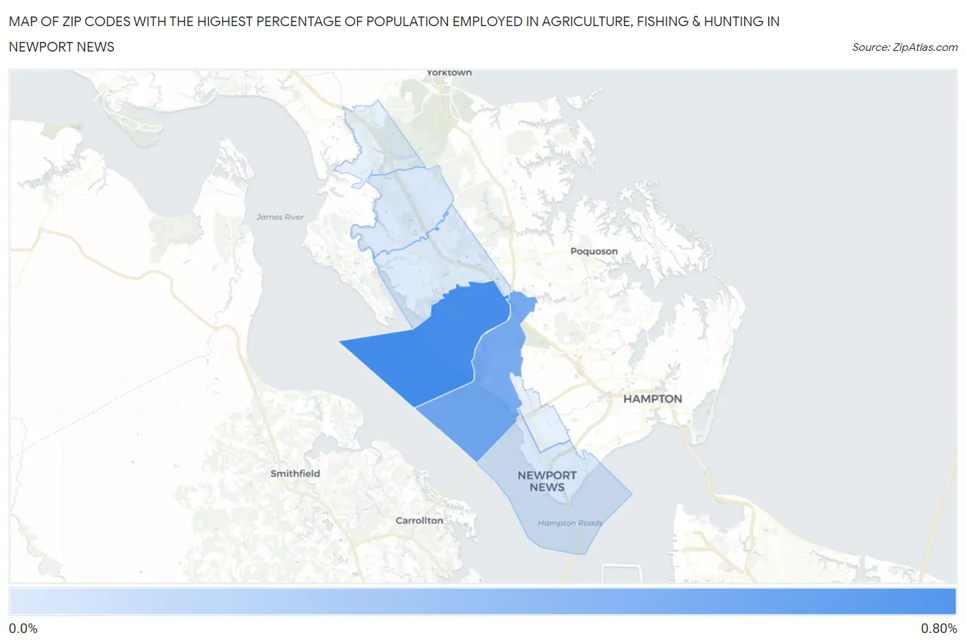 Zip Codes with the Highest Percentage of Population Employed in Agriculture, Fishing & Hunting in Newport News Map
