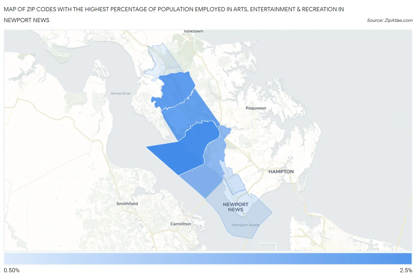 Zip Codes with the Highest Percentage of Population Employed in Arts, Entertainment & Recreation in Newport News Map