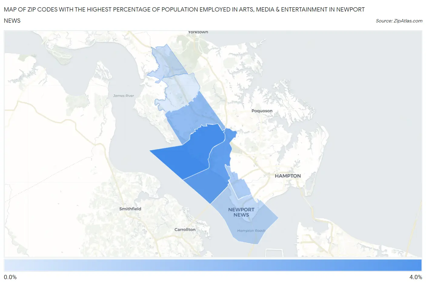 Zip Codes with the Highest Percentage of Population Employed in Arts, Media & Entertainment in Newport News Map