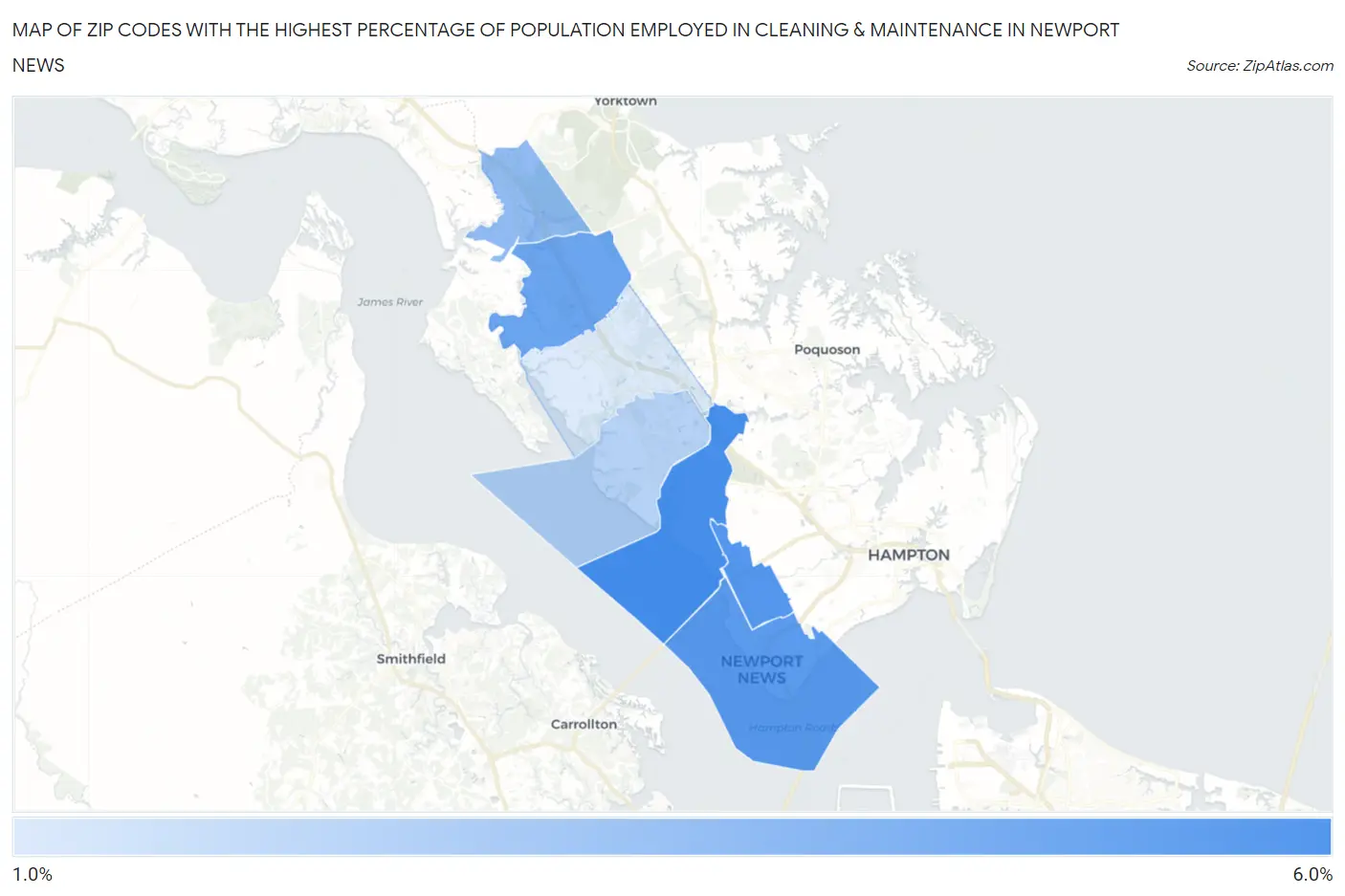 Zip Codes with the Highest Percentage of Population Employed in Cleaning & Maintenance in Newport News Map