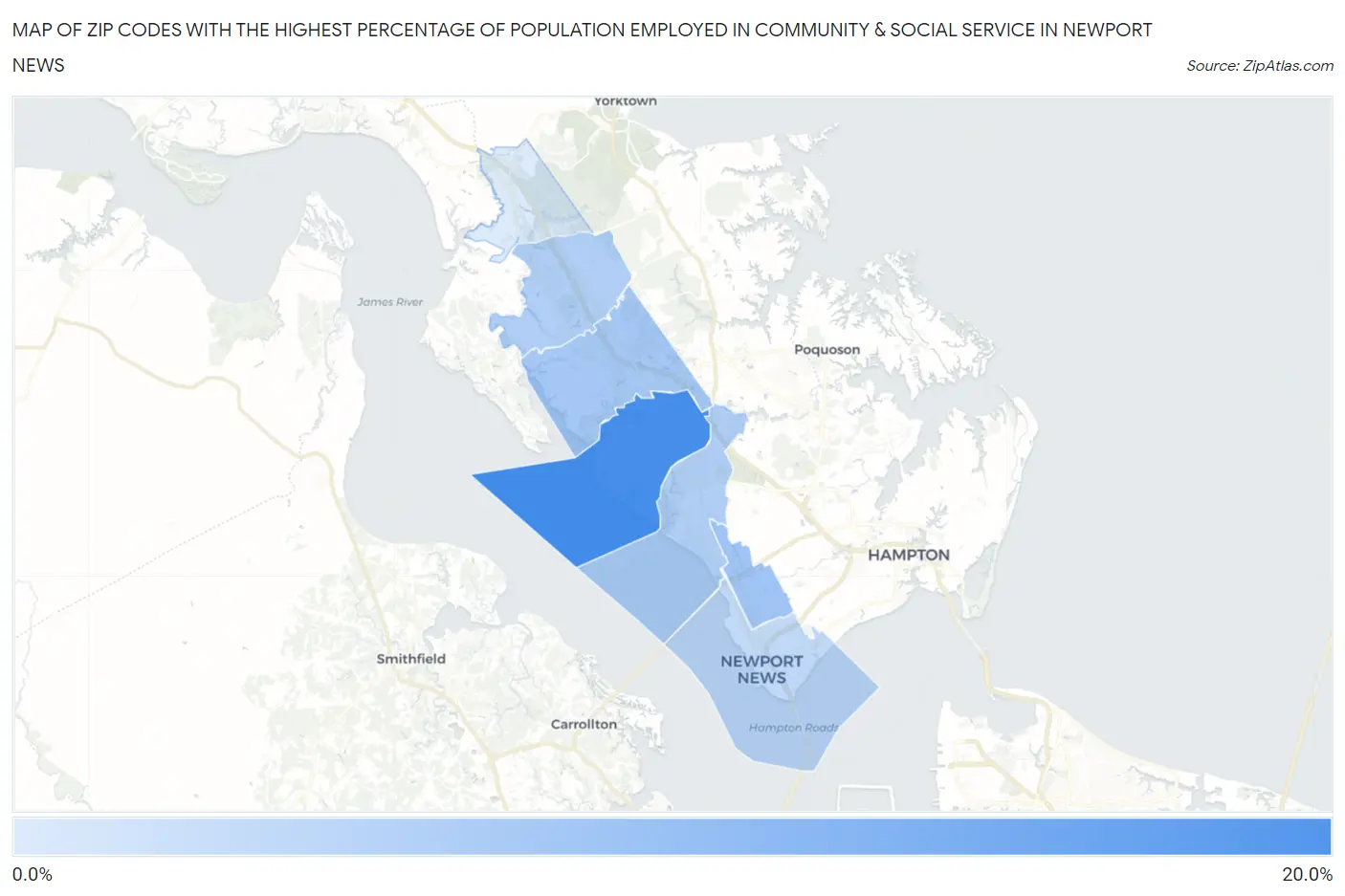 Zip Codes with the Highest Percentage of Population Employed in Community & Social Service  in Newport News Map