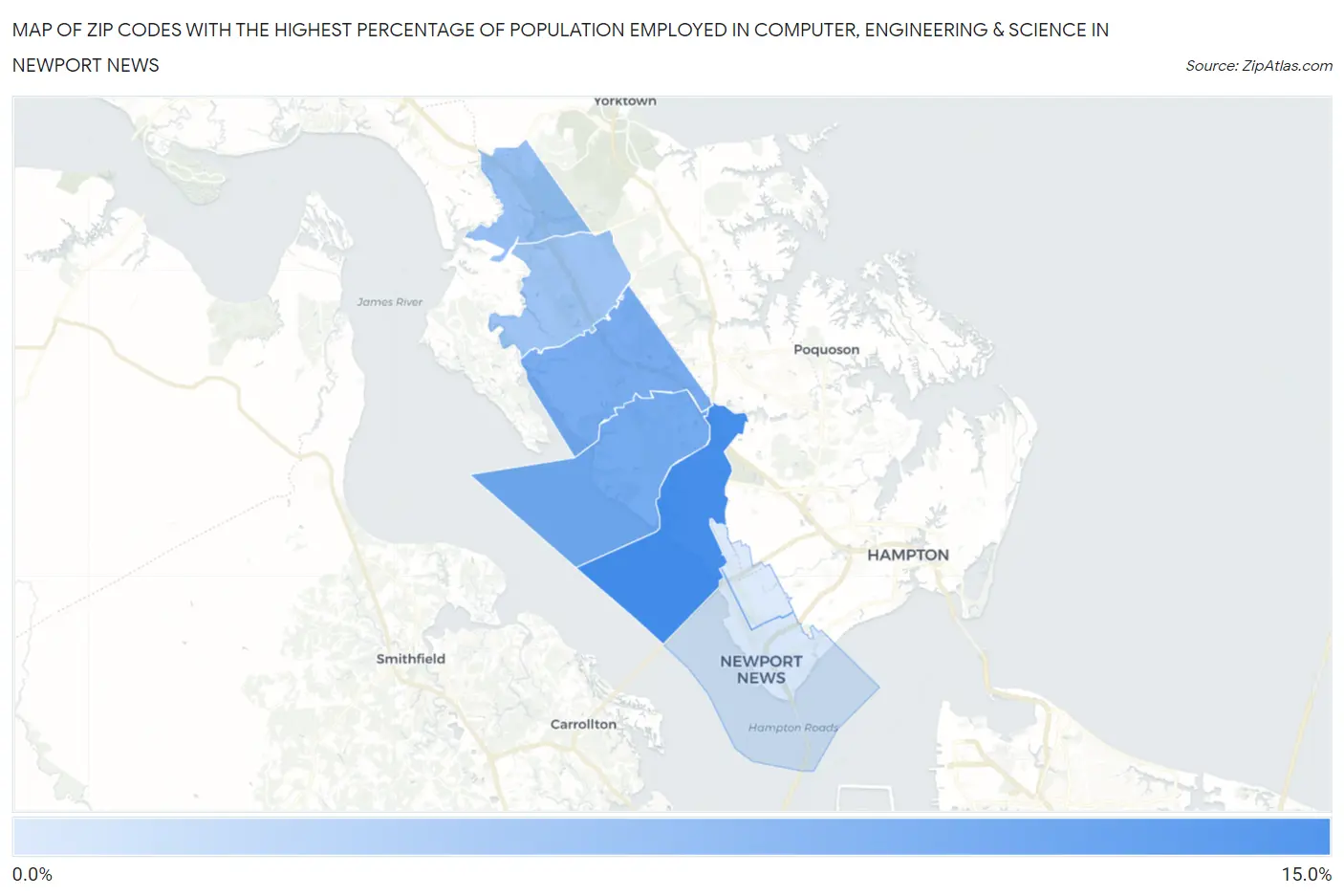 Zip Codes with the Highest Percentage of Population Employed in Computer, Engineering & Science in Newport News Map